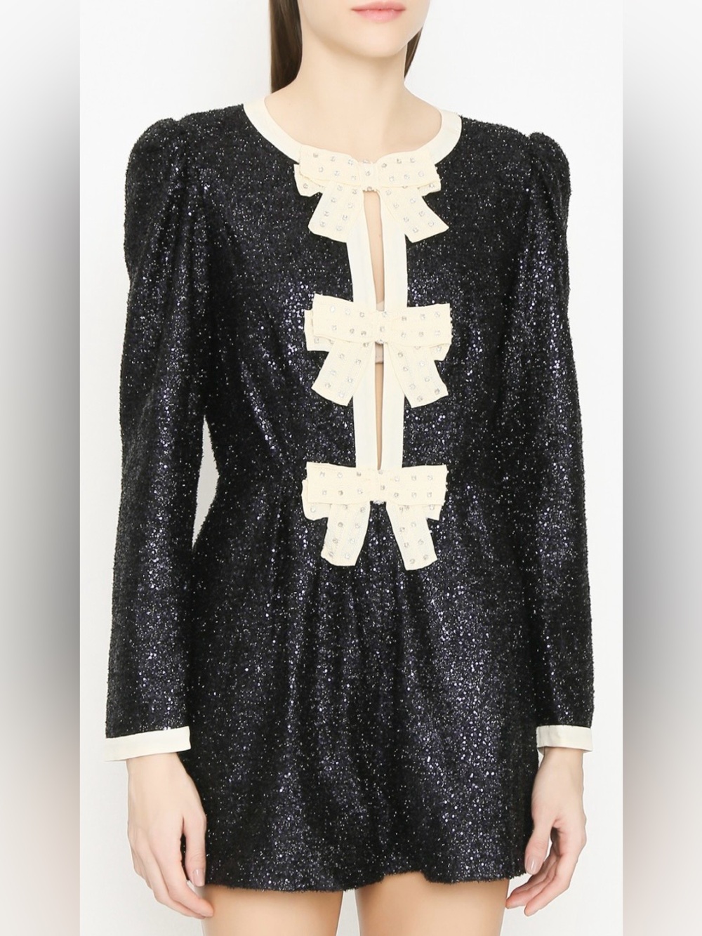 SALONI Black Glitter Long Sleeve romper with Ivory Bow  Crystal Details, US2
